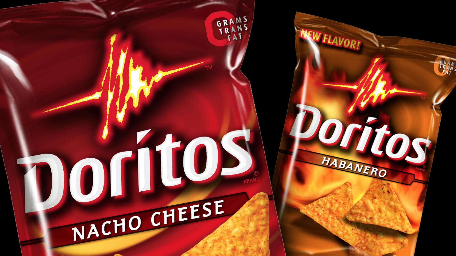 Close-up of Doritos Nacho Cheese and Habanero flavored chips packaging, featuring bold red and orange designs, zero trans fat labels, and the iconic Doritos logo with flame-like graphics — spicy snack branding for bold flavor lovers.