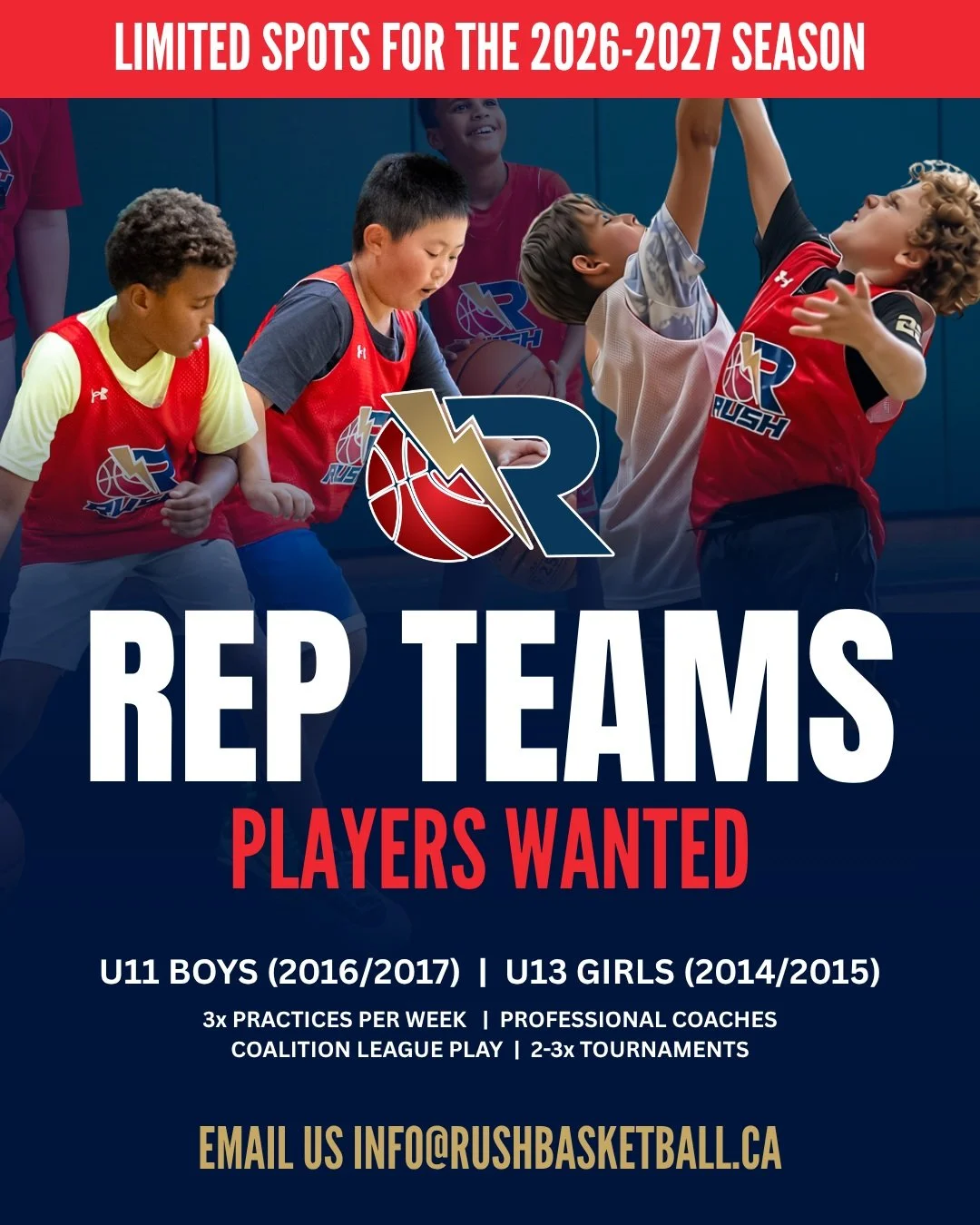 🏀 Players wanted for the 2026&ndash;27 season!

Rush Basketball has limited spots available for U11 Boys (2016/17) and U13 Girls (2014/15).

Three practices a week, professional coaches, Coalition League play and 2&ndash;3 tournaments. Ready to join