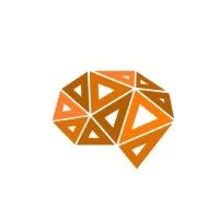 Graphic of an orange geometric speech bubble with triangular patterns.