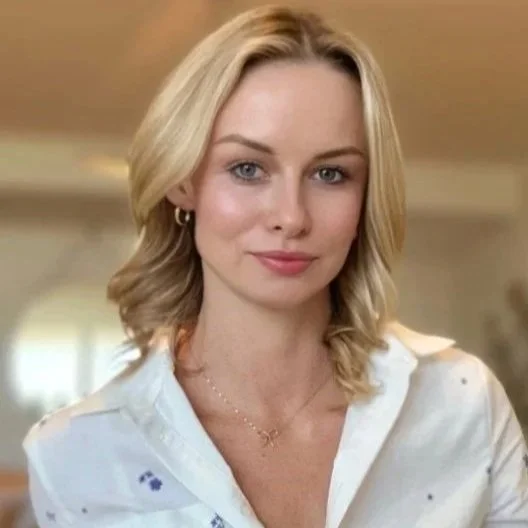 A woman with blonde hair and blue eyes wearing a white shirt, smiling in an indoor setting.
