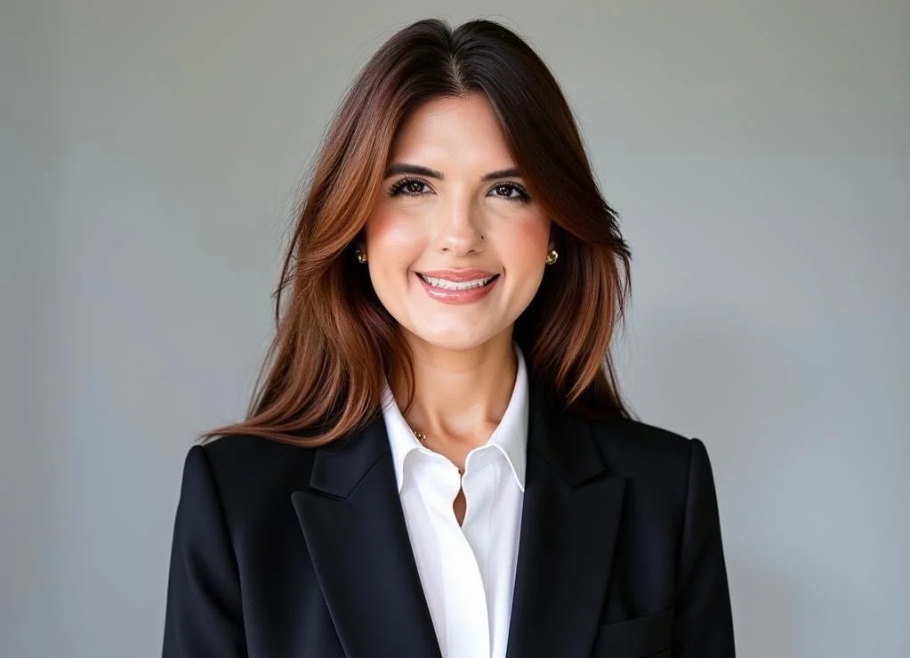 Professional woman with long brown hair in a black blazer and white shirt, smiling.