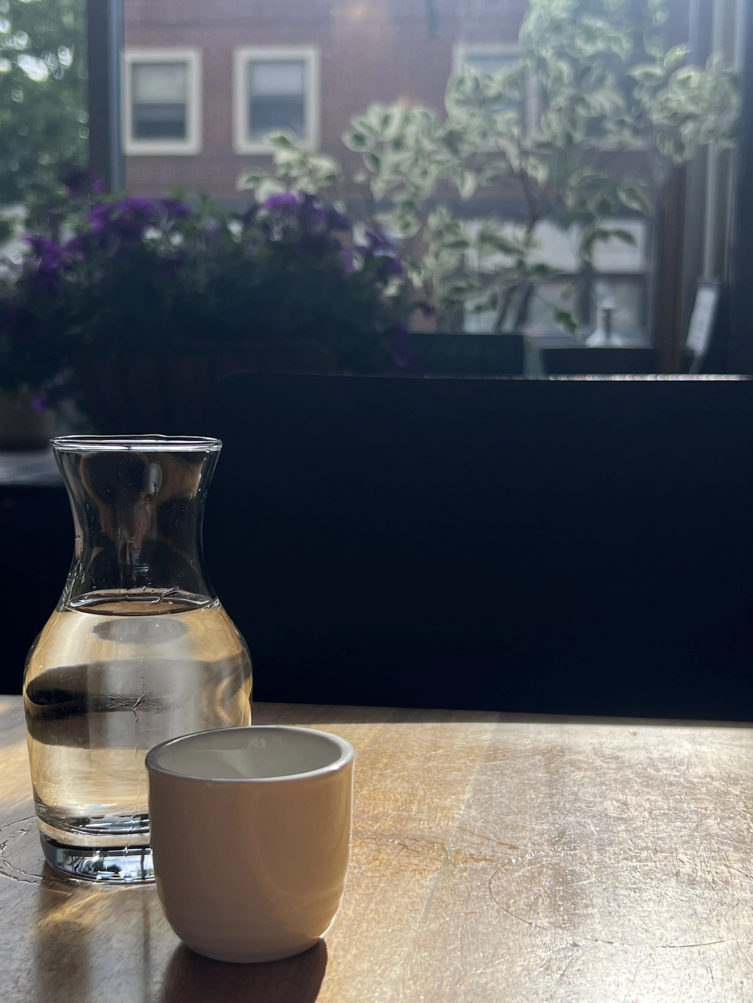 Woman in green striped jacket and black leather pants standing on city sidewalk with fall trees and a parking sign in the background on a sunny day.