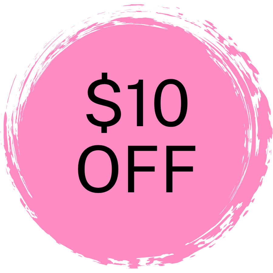Pink circle with black text that says "$10 OFF." This offer is for $10 off a 60-minute Reiki session for first-time customers.