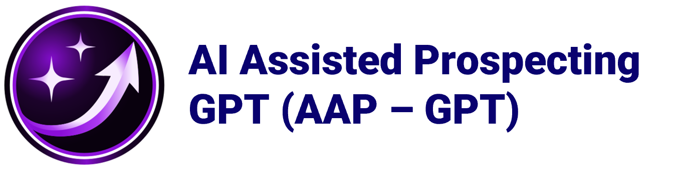 Logo with purple and black circle, stars, and upward arrow, alongside text 'AI Assisted Prospecting GPT (AAP - GPT)'.