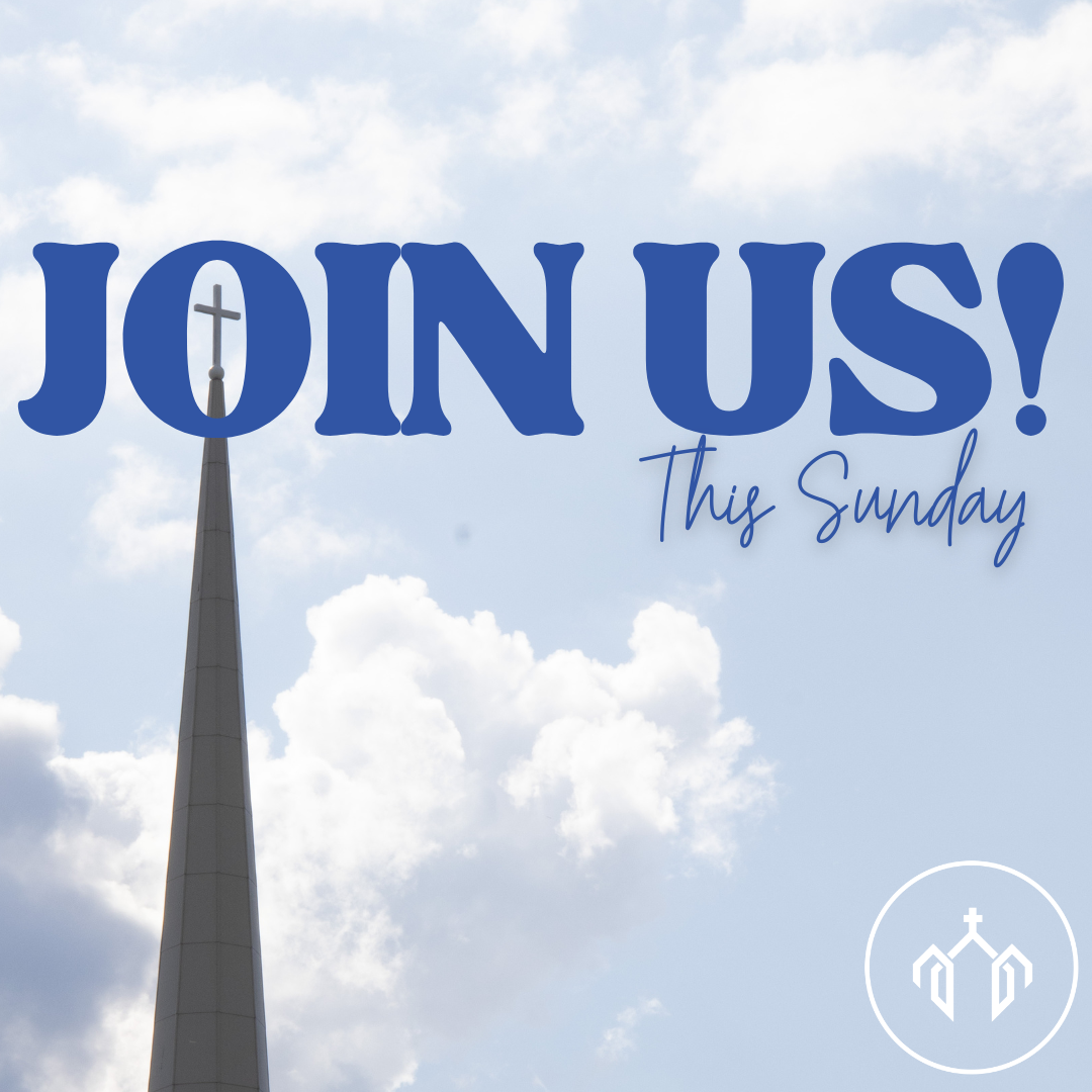 Church steeple with a cross against a cloudy sky, with text overlay that says 'Join us! This Sunday' and a small church icon in the bottom corner.
