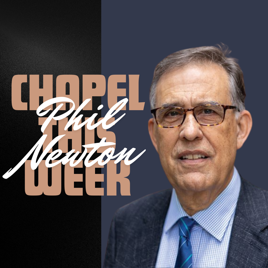 A promotional graphic for ChapEl Church's Christian Week featuring a portrait of Phil Newton, wearing glasses, a blue shirt, and a plaid tie, with a background divided into dark and blue colors, and text overlay in large brown and white fonts.
