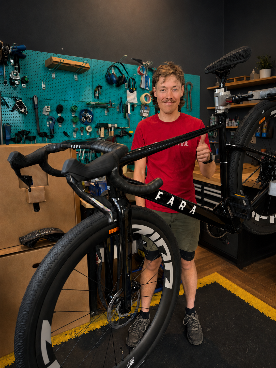 Mechaniker mit einem FARA Bike in der 3MILLS Fahrradwerkstatt in München