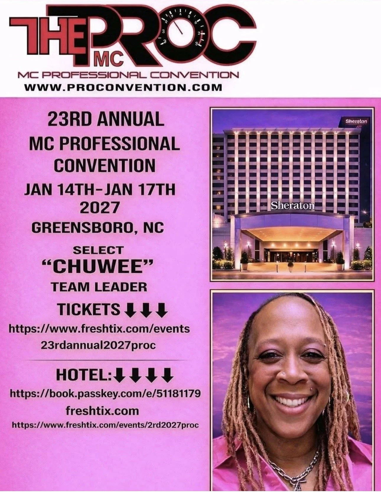 Event flyer for the 23rd Annual MC Professional Convention in Greensboro, North Carolina, taking place from January 14th to January 17th, 2027, featuring a hotel and a smiling woman with dreadlocks.