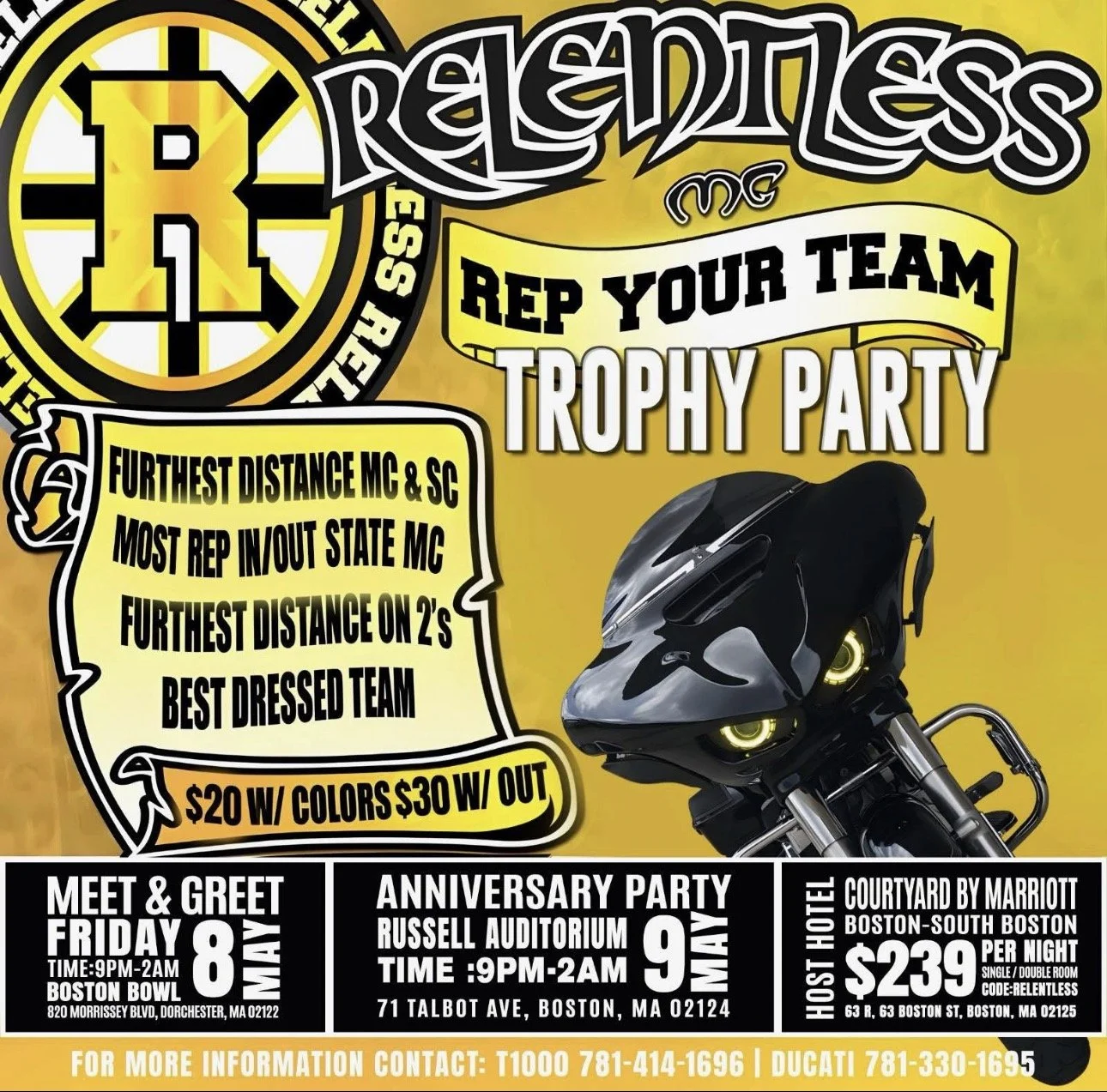 A promotional flyer for a Boston Red Sox team event featuring a trophy party, meet and greet, anniversary party, and hotel stay. The flyer includes the Red Sox logo, event details, registration info, and a motorcycle image against a yellow background.