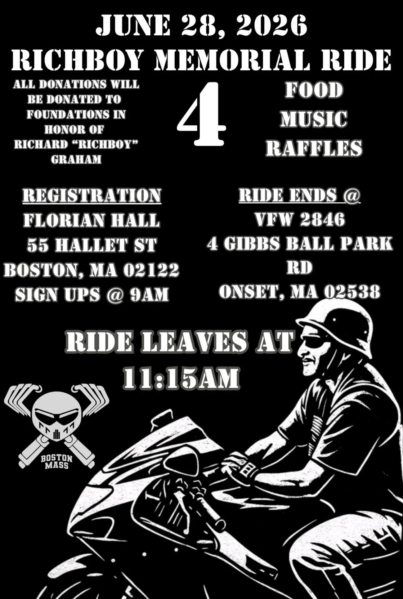 Flyer for the June 28, 2026 Richboy Memorial Ride with details about registration, event start time, location, and activities like food, music, and raffles. Features a black-and-white illustration of a motorcyclist wearing sunglasses and a helmet, and a logo with a skull and crossed bats.