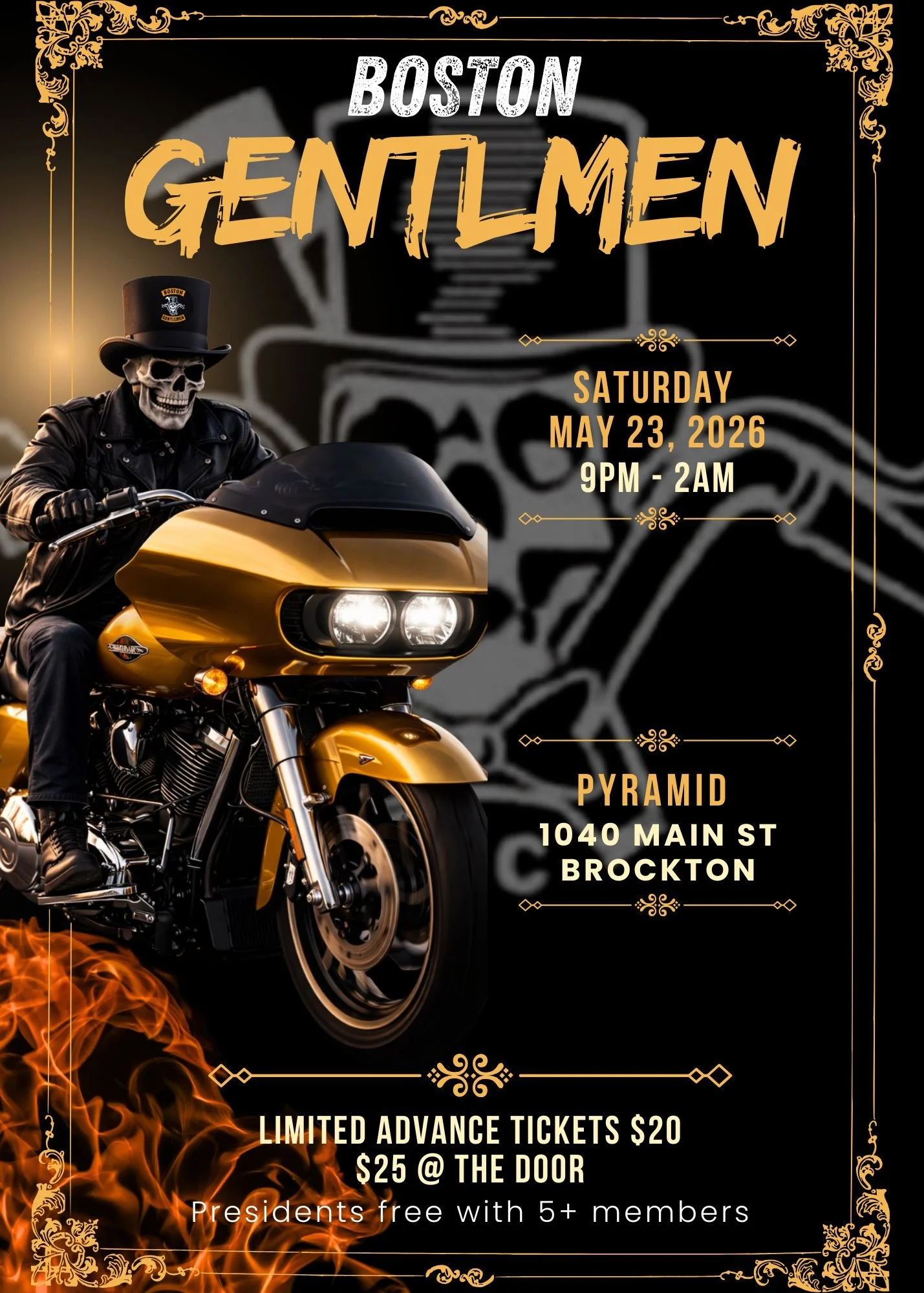 Event poster for the Boston Gentlemens motorcycle club gathering. Features a skeleton rider in a leather jacket and hat riding a gold motorcycle. Details include date, time, location, ticket prices, and a promotional offer.