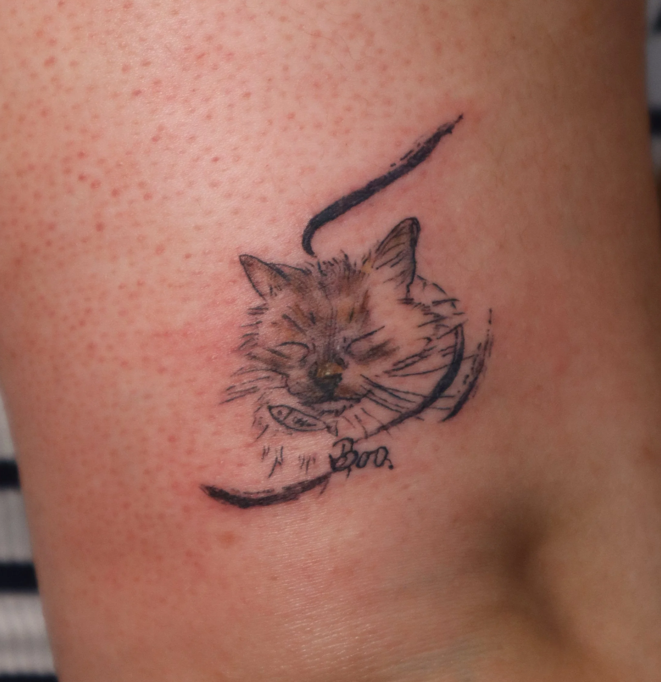 Tattoo of a smiling cat with closed eyes, wearing a collar, with the word 'Boo' underneath.