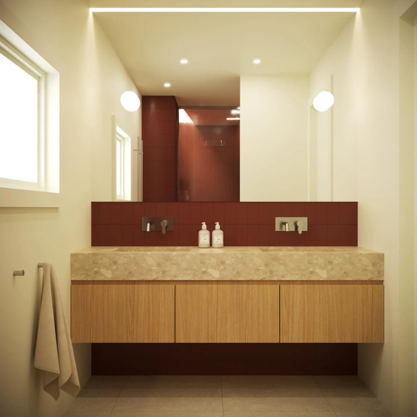 Renovering av bad i bolig fra 1934

Badet utvides og f&aring;r en ny planl&oslash;sning, med oppdaterte overflater og innredning.
Visualiseringene viser ulike uttrykk vi har utforsket i prosessen.

Eik, som g&aring;r igjen ellers i huset, kombineres 