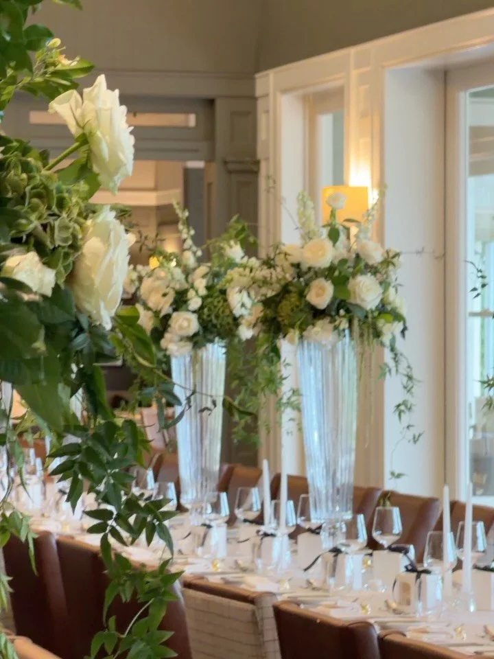 the reception for K &amp; K 
at @spicershiddenvale 
// rambling white rose gardens arranged on tall glass stands with repurposed ceremony florals into the reception space. 
.
#whiteweddingflowers #brisbaneweddingflorist