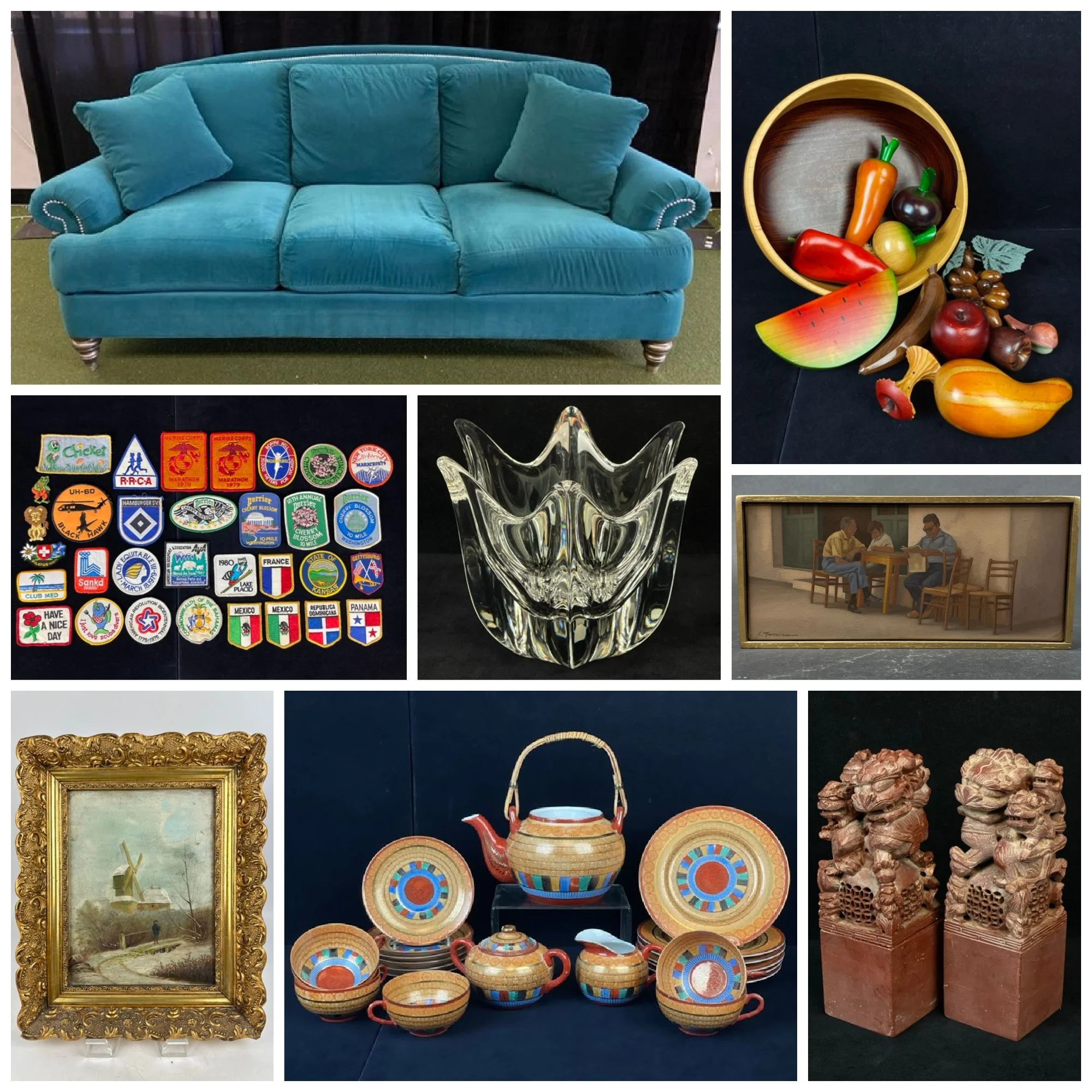 A collage of decorative art, pottery, china, and musical instruments, including framed paintings, colorful glassware, porcelain plates and bowls, a ceramic vase with blue flowers, a blue and white porcelain tea set, and a wooden violin.