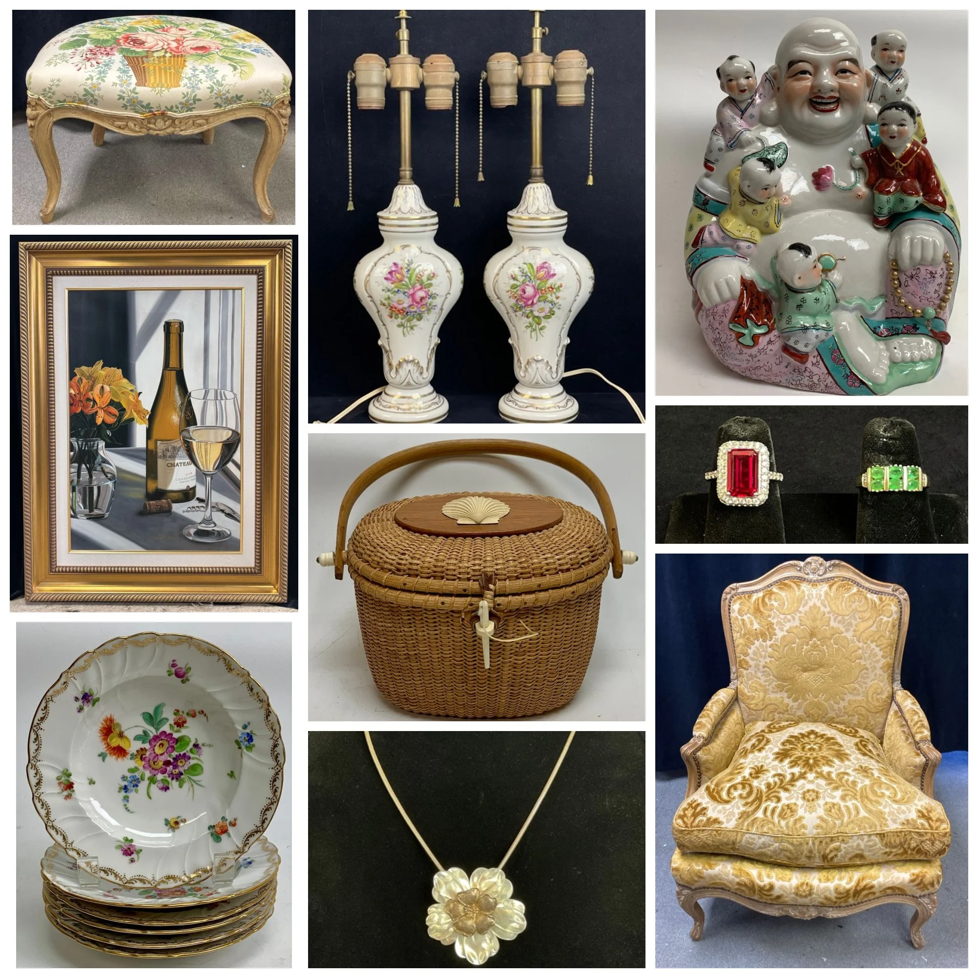 A collage of various vintage and collectible items, including a decorative folding screen, a black quilted purse with a gold chain, a red and yellow football helmet with a Native American logo, a ceramic figurine of a woman, a framed picture of a colorful living room, a ceramic pot with a crown emblem, a Persian-style rug, floral hairpins, and a black mantel clock with gold accents.