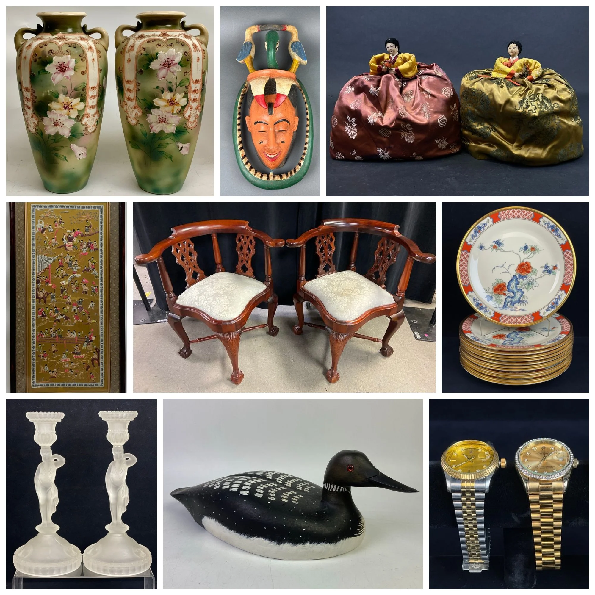 A collage of various decorative objects including two ornate ceramic candlesticks, a turquoise beaded necklace with a flower pendant, a painting of a city street scene, framed artwork, pink clothing set, a red patterned rug, set of porcelain dishes, an Asian-style painting, and a pair of black ornate candle holders.