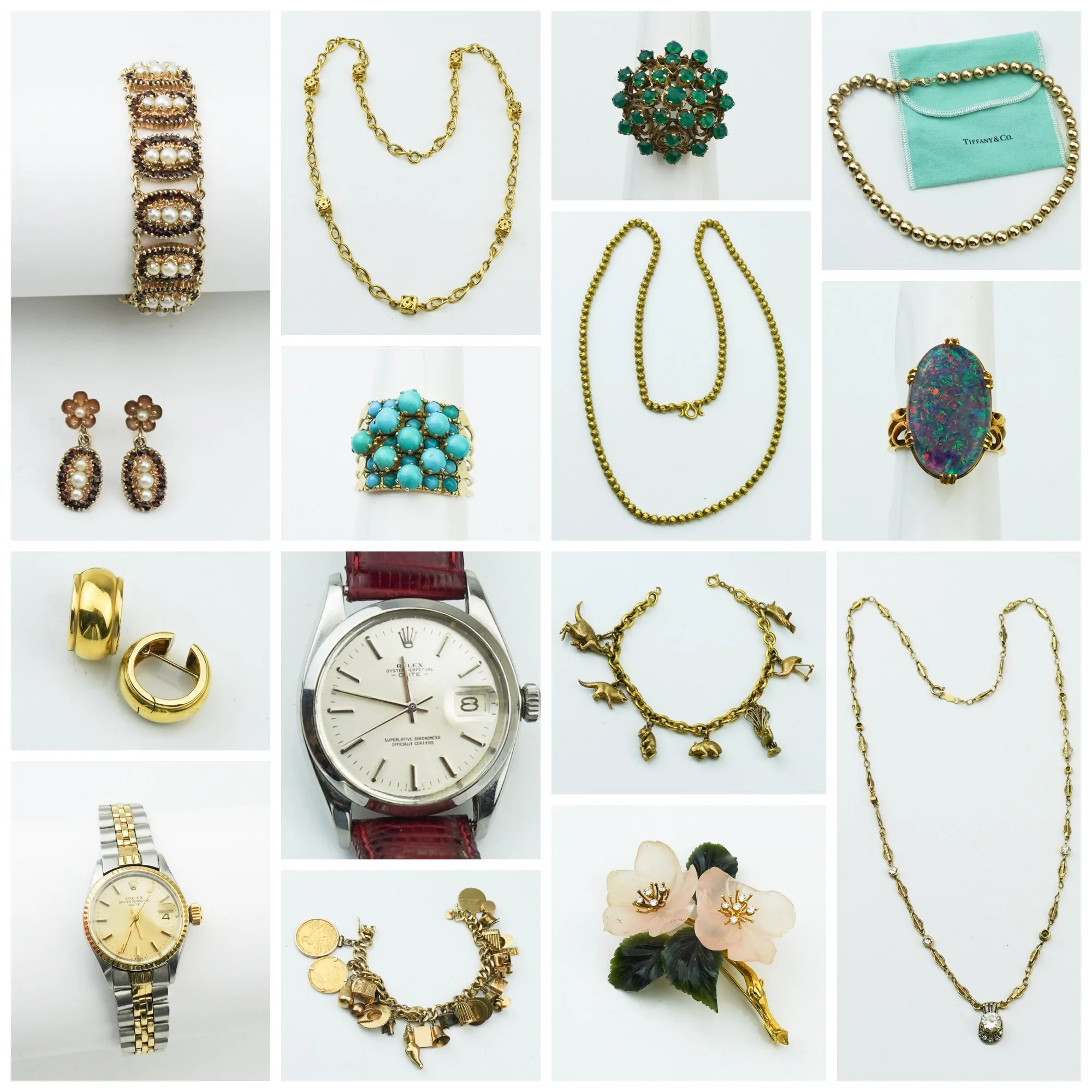 Collection of jewelry including rings, necklaces, bracelets, earrings, watches, and a decorative flower pin.