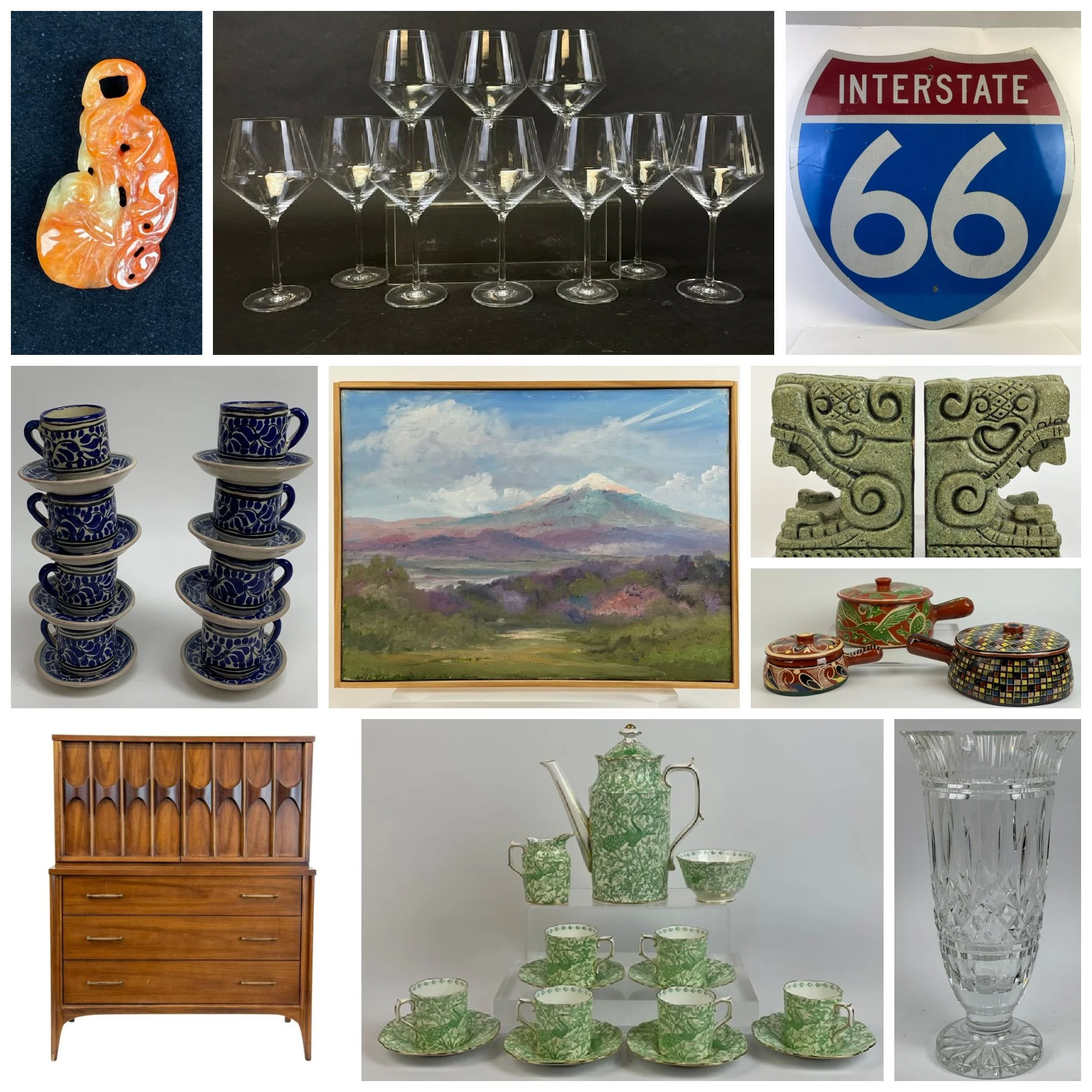 A collage of decorative art, pottery, china, and musical instruments, including framed paintings, colorful glassware, porcelain plates and bowls, a ceramic vase with blue flowers, a blue and white porcelain tea set, and a wooden violin.