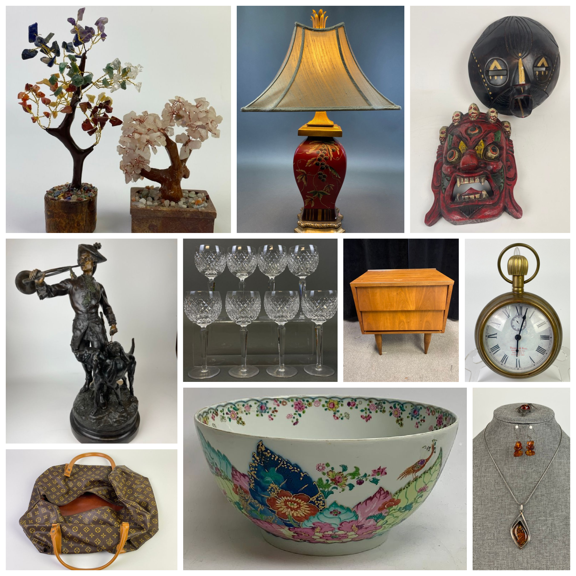 A collage of decorative art, pottery, china, and musical instruments, including framed paintings, colorful glassware, porcelain plates and bowls, a ceramic vase with blue flowers, a blue and white porcelain tea set, and a wooden violin.