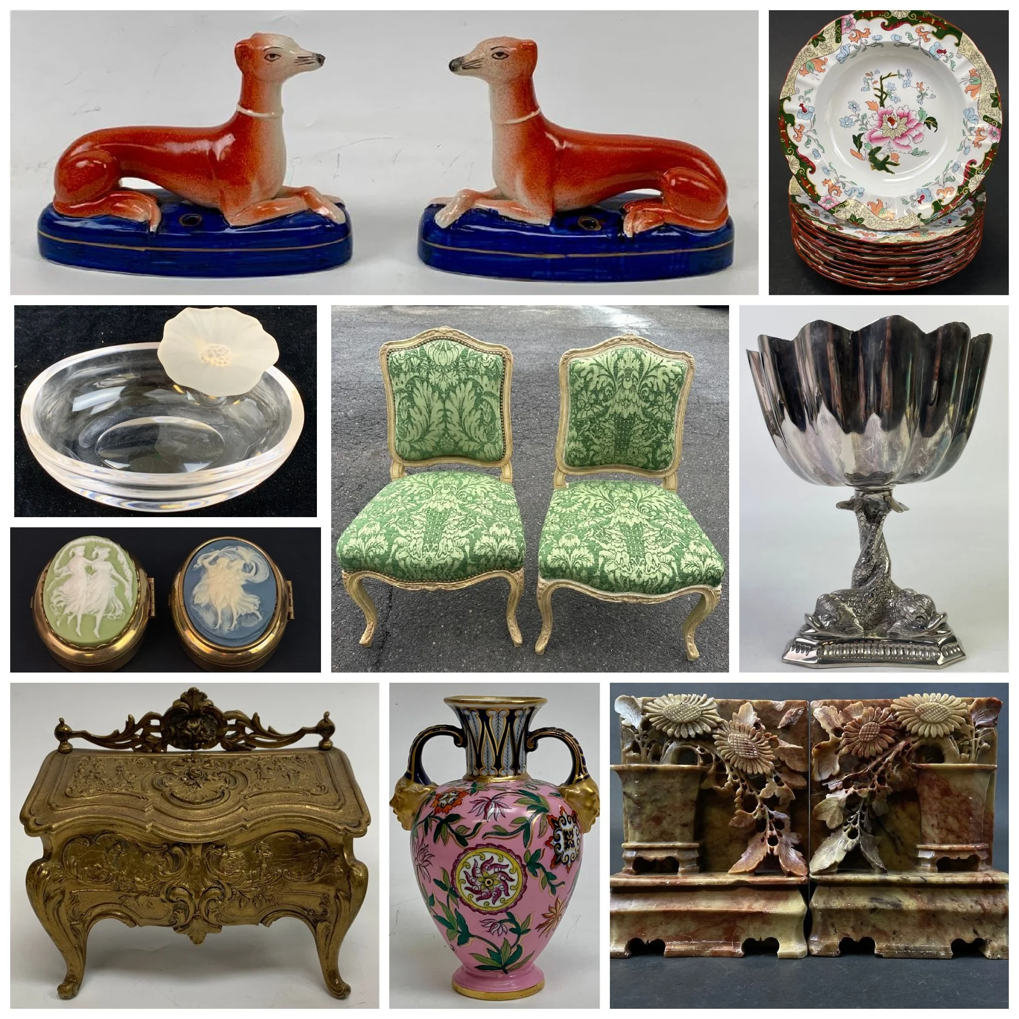 A collage of decorative art, pottery, china, and musical instruments, including framed paintings, colorful glassware, porcelain plates and bowls, a ceramic vase with blue flowers, a blue and white porcelain tea set, and a wooden violin.