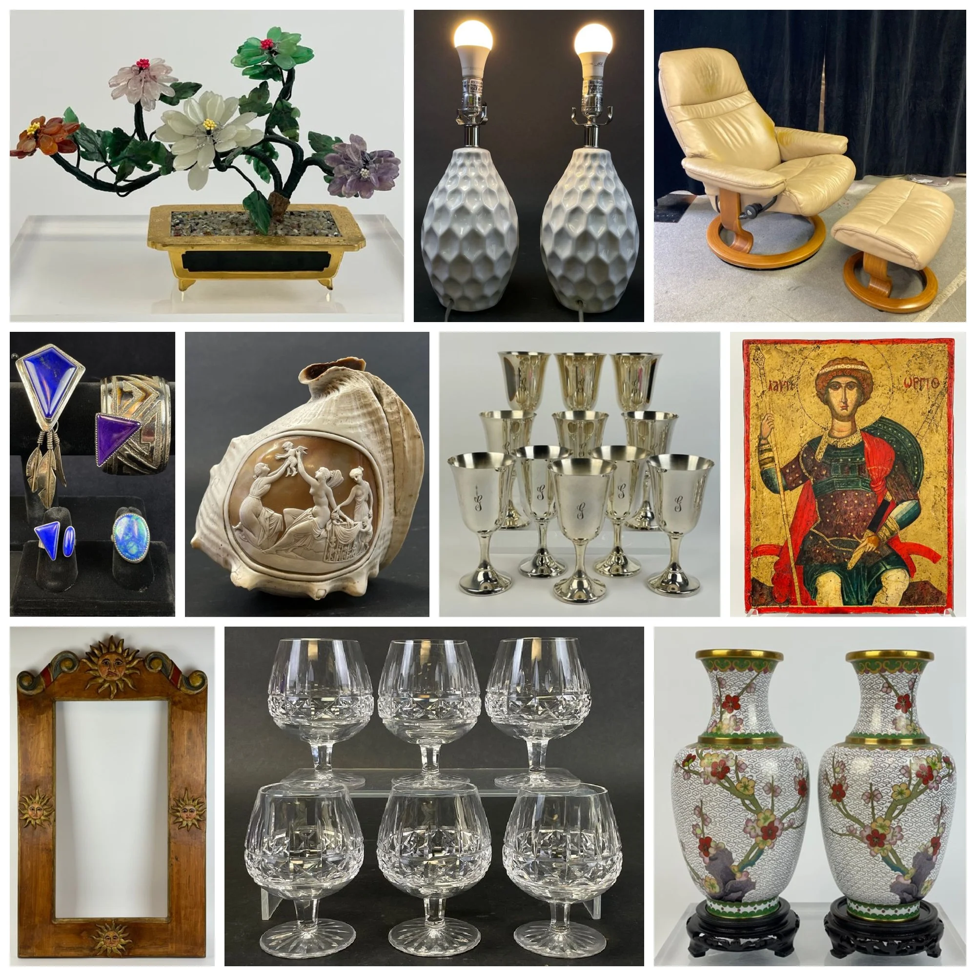 A collage of various vintage and collectible items, including a decorative folding screen, a black quilted purse with a gold chain, a red and yellow football helmet with a Native American logo, a ceramic figurine of a woman, a framed picture of a colorful living room, a ceramic pot with a crown emblem, a Persian-style rug, floral hairpins, and a black mantel clock with gold accents.