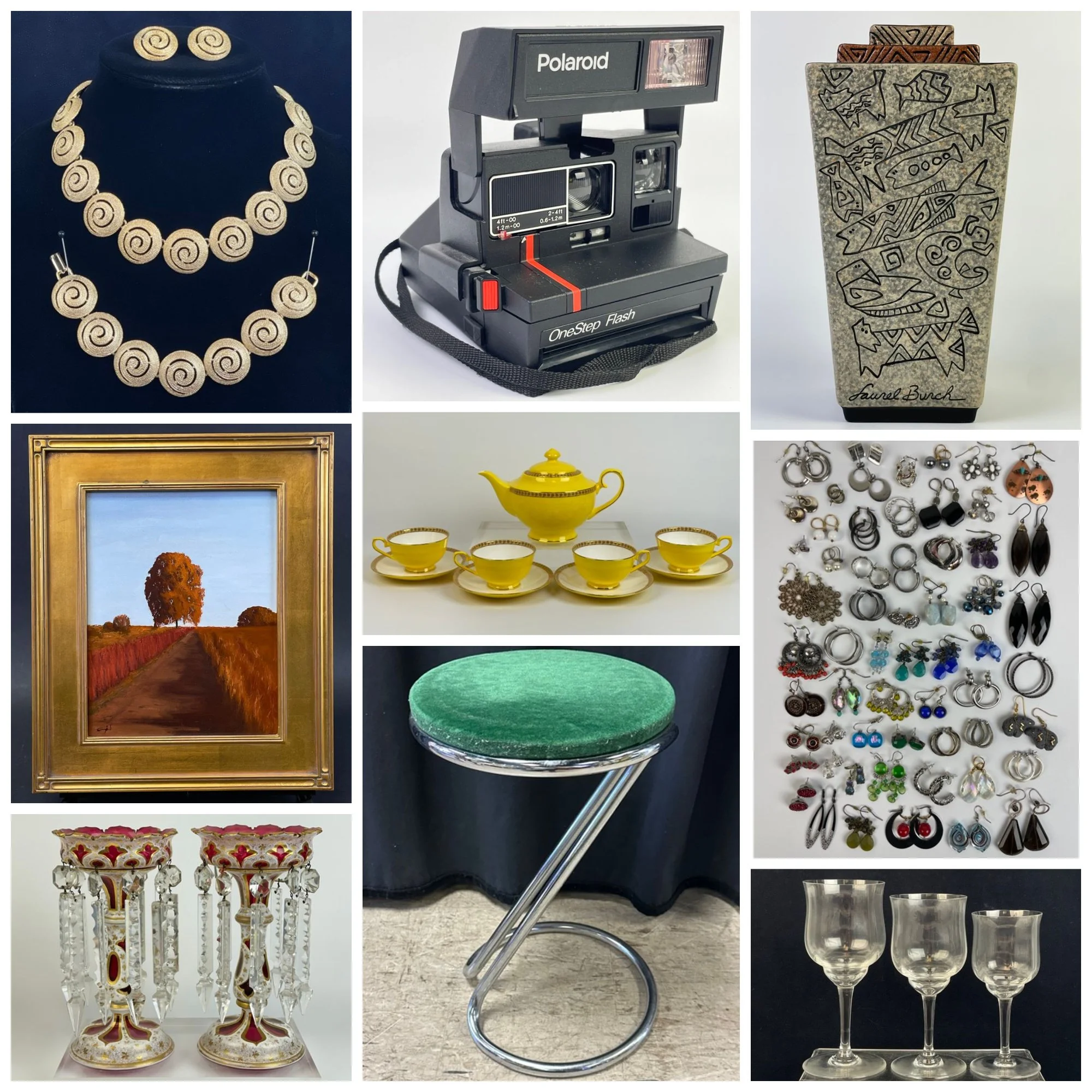 A collage of various vintage and collectible items, including a decorative folding screen, a black quilted purse with a gold chain, a red and yellow football helmet with a Native American logo, a ceramic figurine of a woman, a framed picture of a colorful living room, a ceramic pot with a crown emblem, a Persian-style rug, floral hairpins, and a black mantel clock with gold accents.