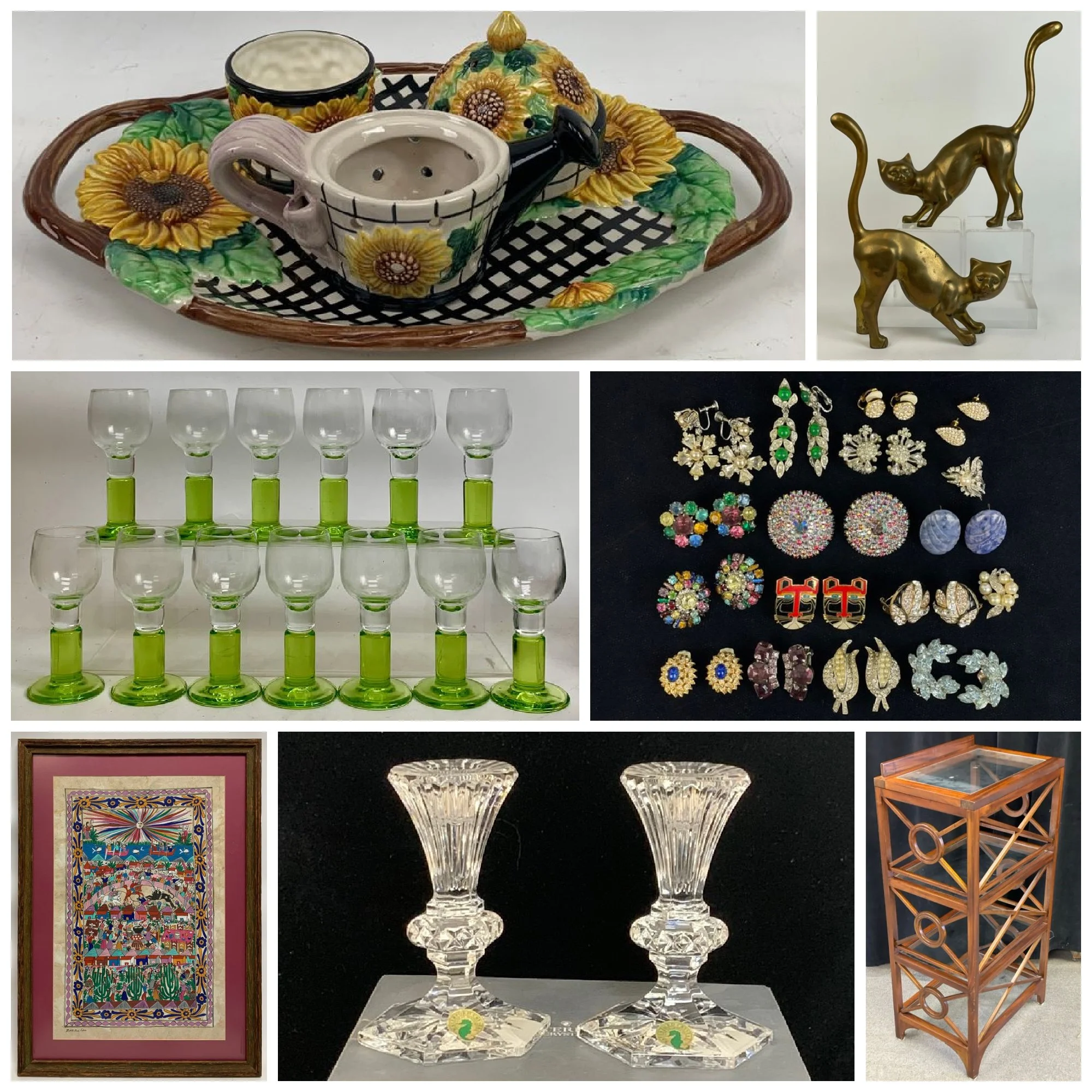 A collage of various vintage and collectible items, including a decorative folding screen, a black quilted purse with a gold chain, a red and yellow football helmet with a Native American logo, a ceramic figurine of a woman, a framed picture of a colorful living room, a ceramic pot with a crown emblem, a Persian-style rug, floral hairpins, and a black mantel clock with gold accents.