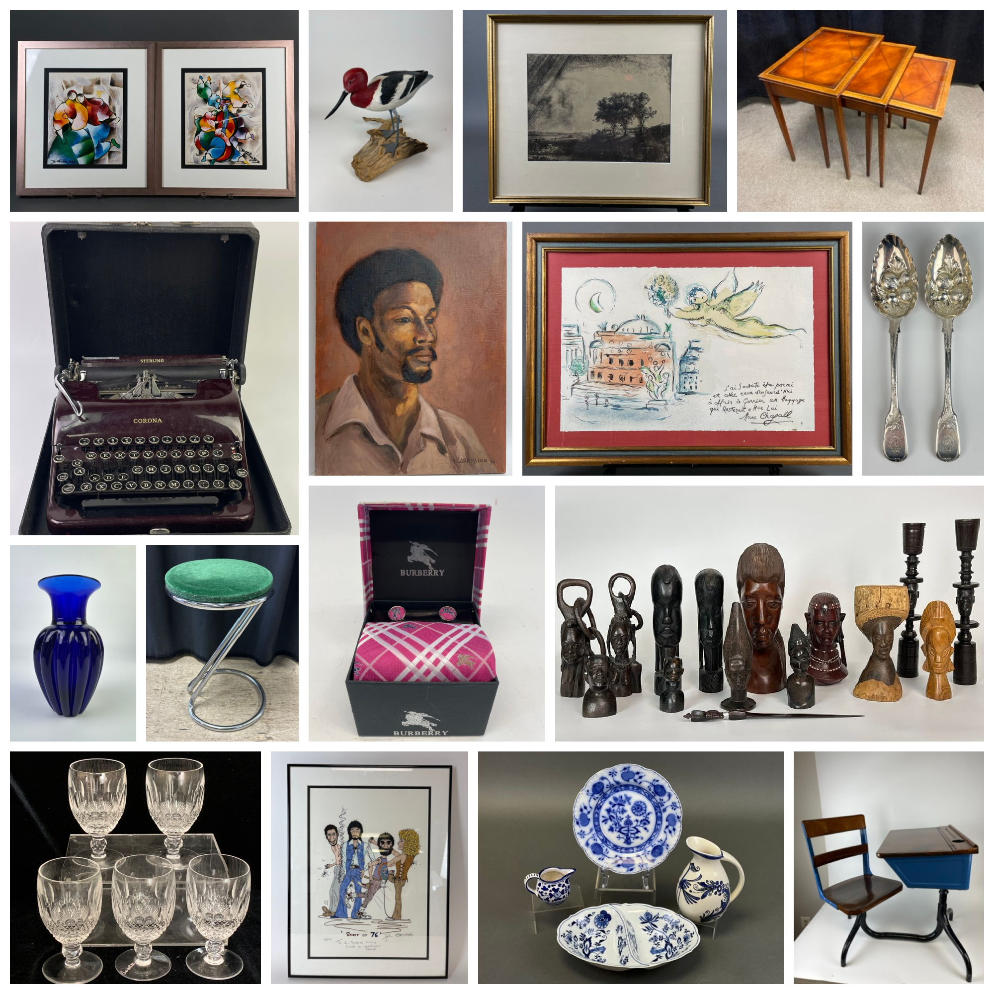 A collage of various decorative objects including two ornate ceramic candlesticks, a turquoise beaded necklace with a flower pendant, a painting of a city street scene, framed artwork, pink clothing set, a red patterned rug, set of porcelain dishes, an Asian-style painting, and a pair of black ornate candle holders.