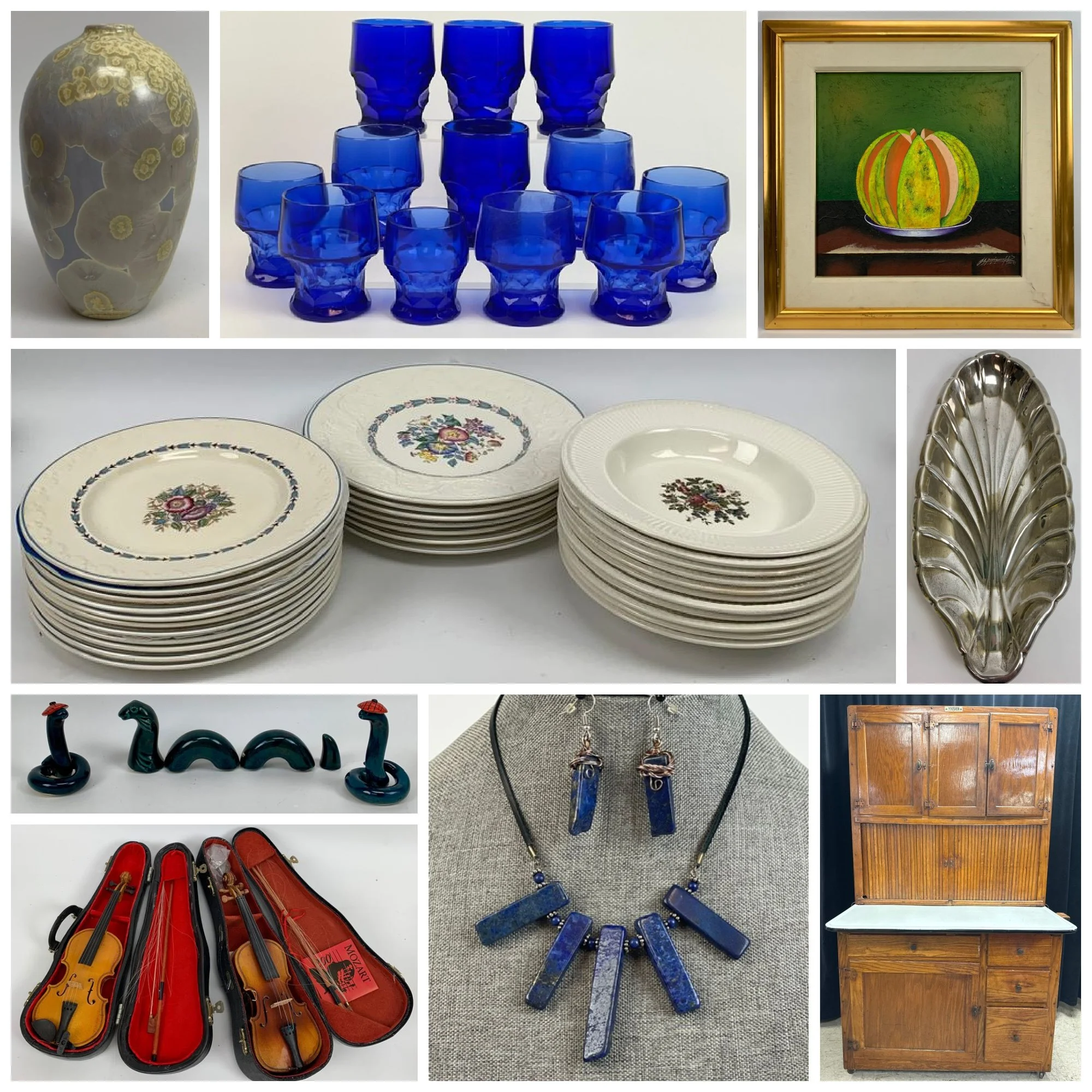 A collage of various decorative objects including two ornate ceramic candlesticks, a turquoise beaded necklace with a flower pendant, a painting of a city street scene, framed artwork, pink clothing set, a red patterned rug, set of porcelain dishes, an Asian-style painting, and a pair of black ornate candle holders.