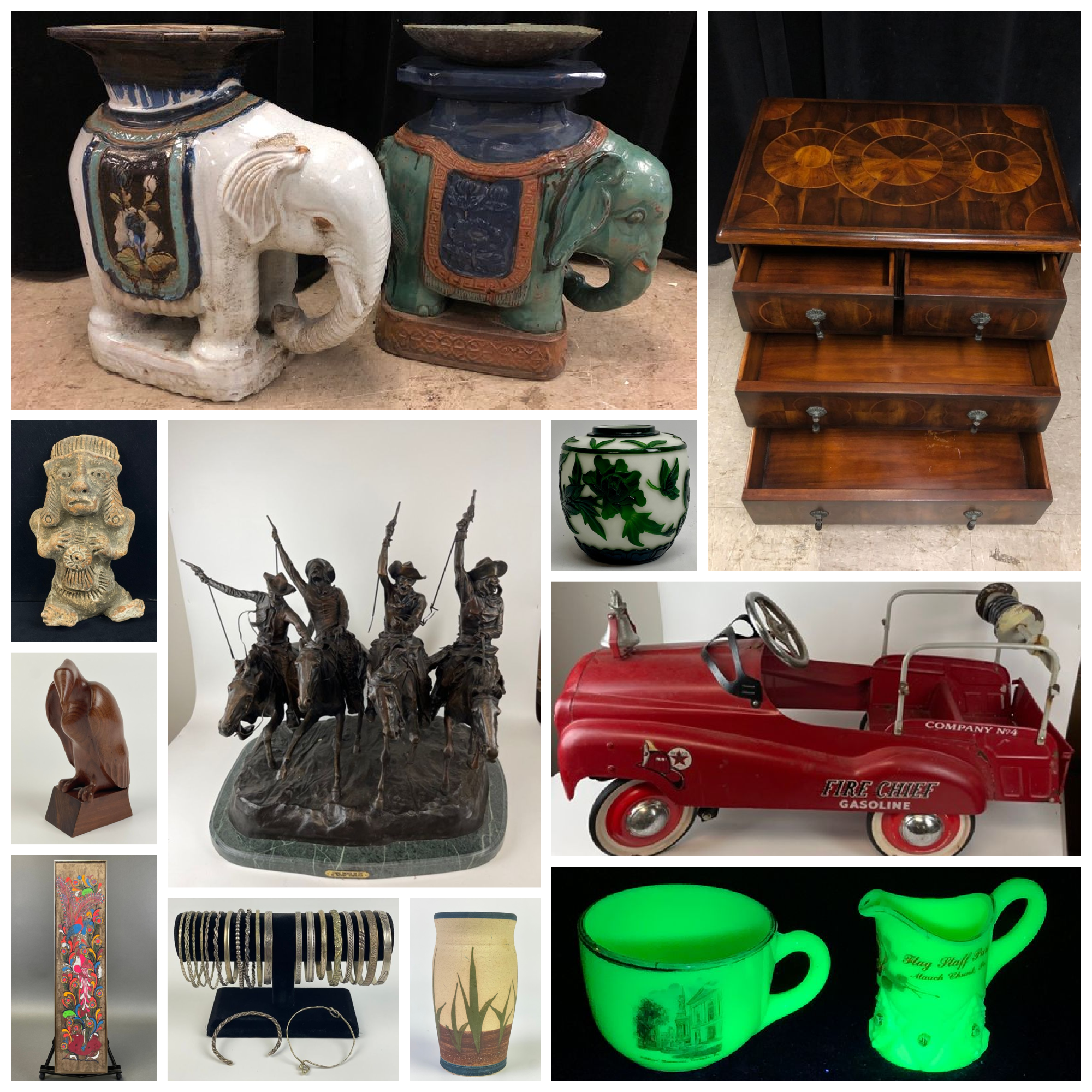 A collage of various decorative objects including two ornate ceramic candlesticks, a turquoise beaded necklace with a flower pendant, a painting of a city street scene, framed artwork, pink clothing set, a red patterned rug, set of porcelain dishes, an Asian-style painting, and a pair of black ornate candle holders.