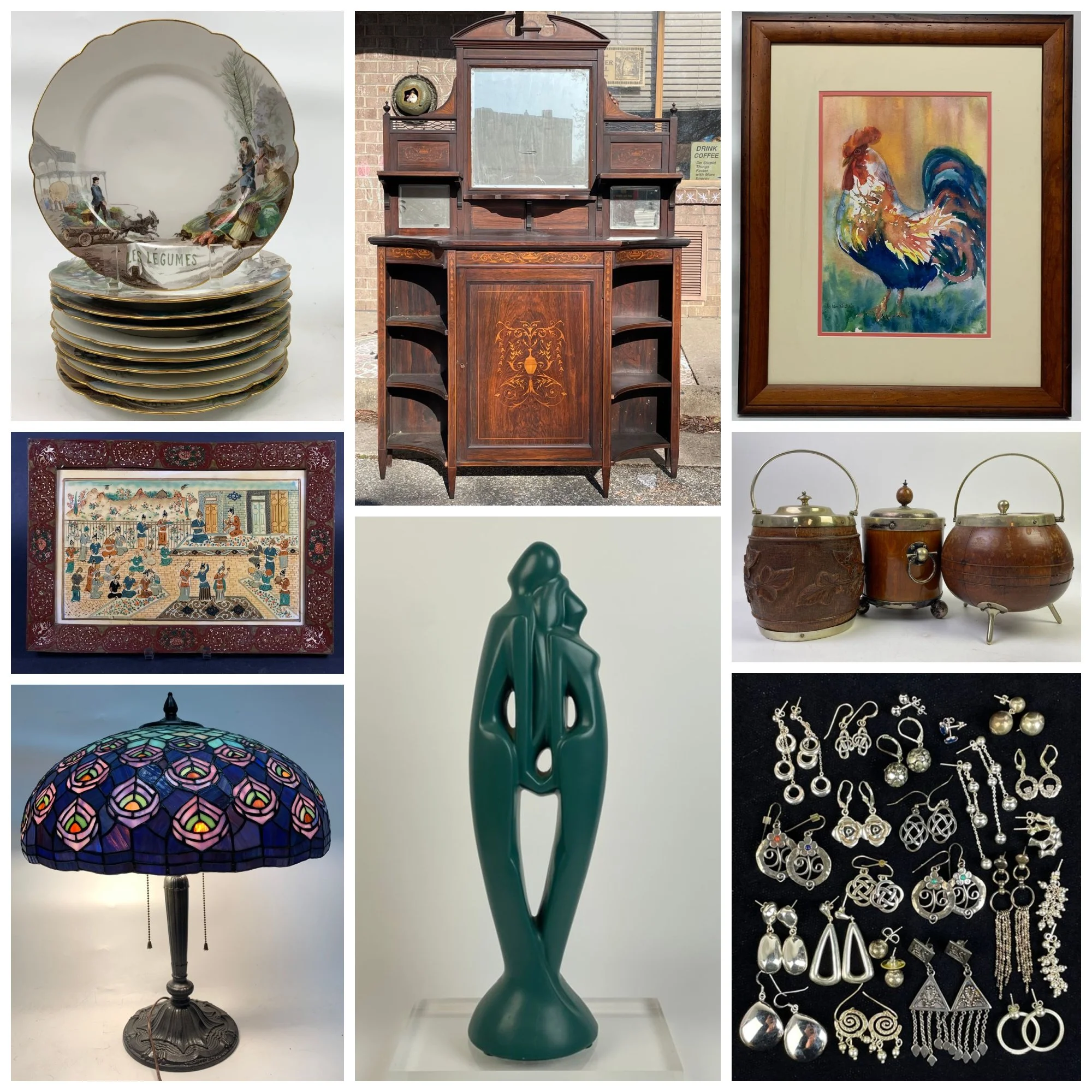 A collage of various decorative objects including two ornate ceramic candlesticks, a turquoise beaded necklace with a flower pendant, a painting of a city street scene, framed artwork, pink clothing set, a red patterned rug, set of porcelain dishes, an Asian-style painting, and a pair of black ornate candle holders.
