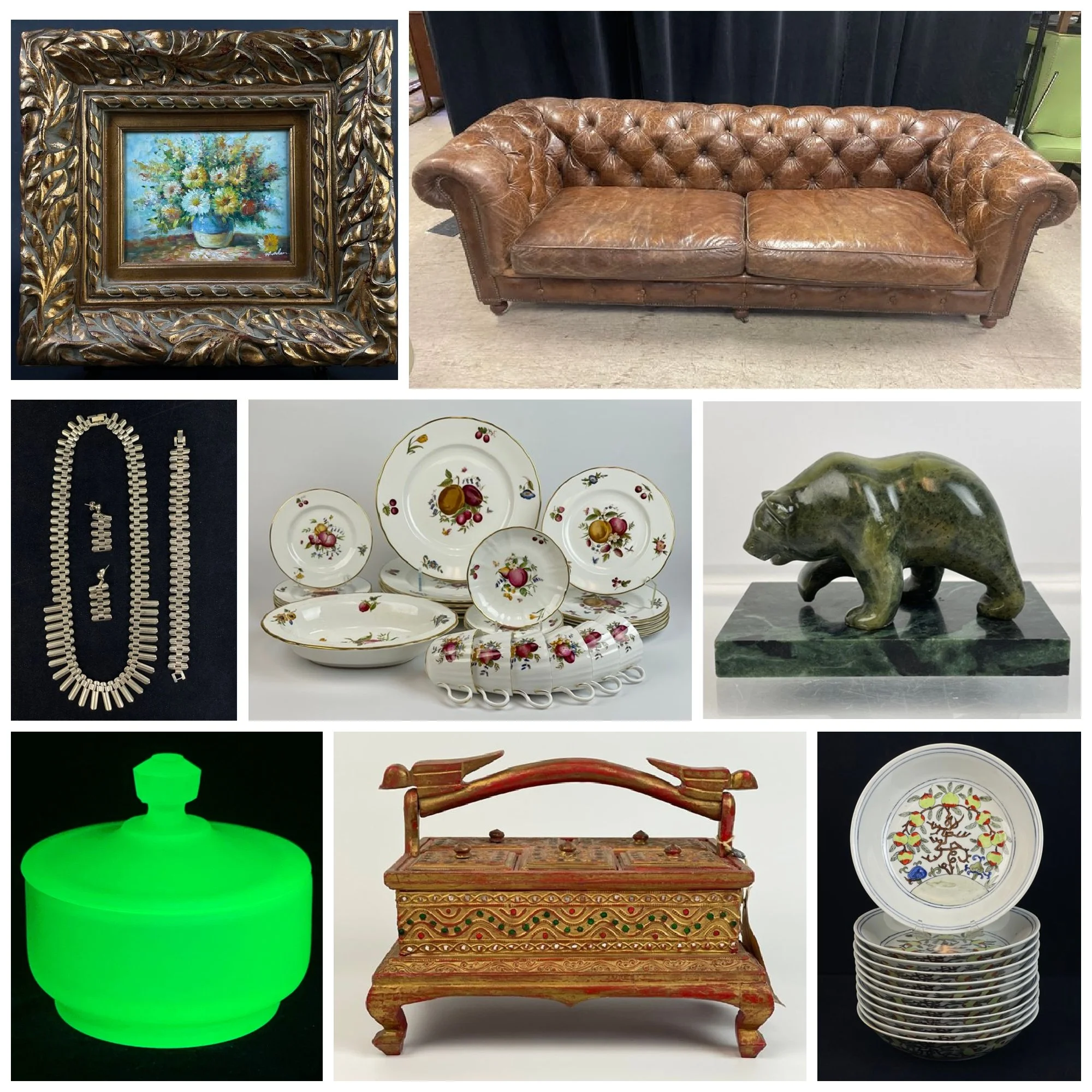 A collage of decorative art, pottery, china, and musical instruments, including framed paintings, colorful glassware, porcelain plates and bowls, a ceramic vase with blue flowers, a blue and white porcelain tea set, and a wooden violin.