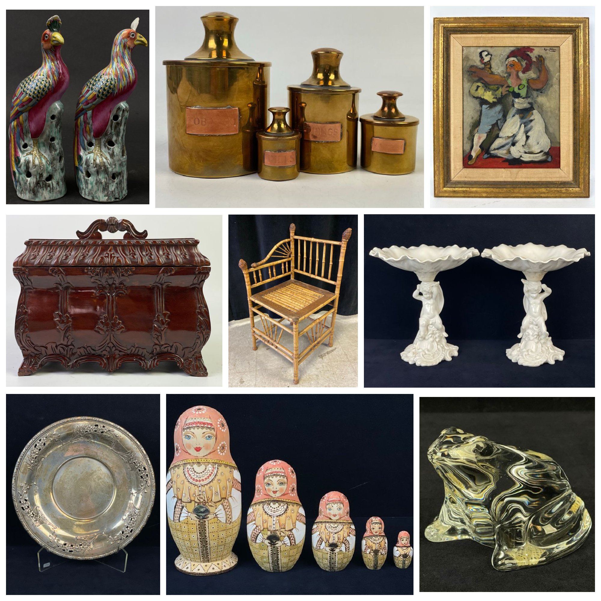 A collage of various decorative objects including two ornate ceramic candlesticks, a turquoise beaded necklace with a flower pendant, a painting of a city street scene, framed artwork, pink clothing set, a red patterned rug, set of porcelain dishes, an Asian-style painting, and a pair of black ornate candle holders.