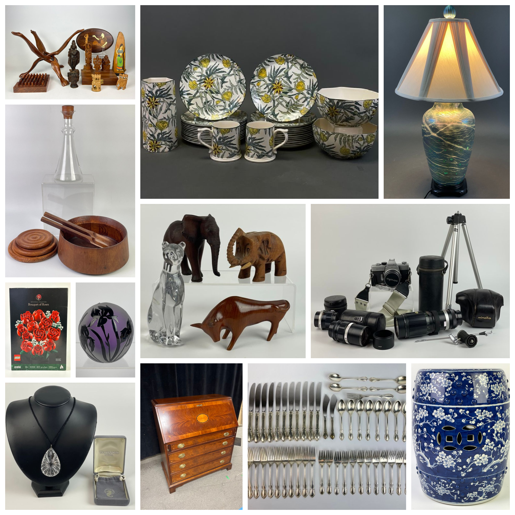 A collage of decorative art, pottery, china, and musical instruments, including framed paintings, colorful glassware, porcelain plates and bowls, a ceramic vase with blue flowers, a blue and white porcelain tea set, and a wooden violin.