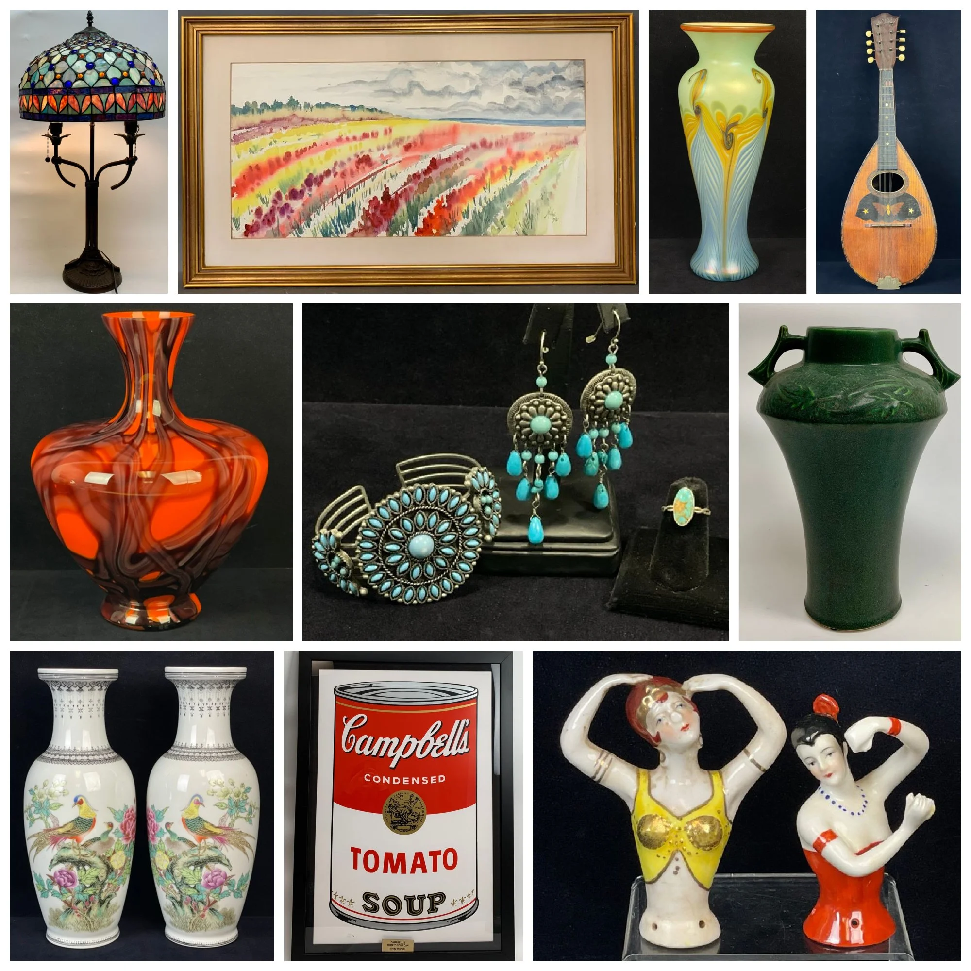 A collage of decorative art, pottery, china, and musical instruments, including framed paintings, colorful glassware, porcelain plates and bowls, a ceramic vase with blue flowers, a blue and white porcelain tea set, and a wooden violin.