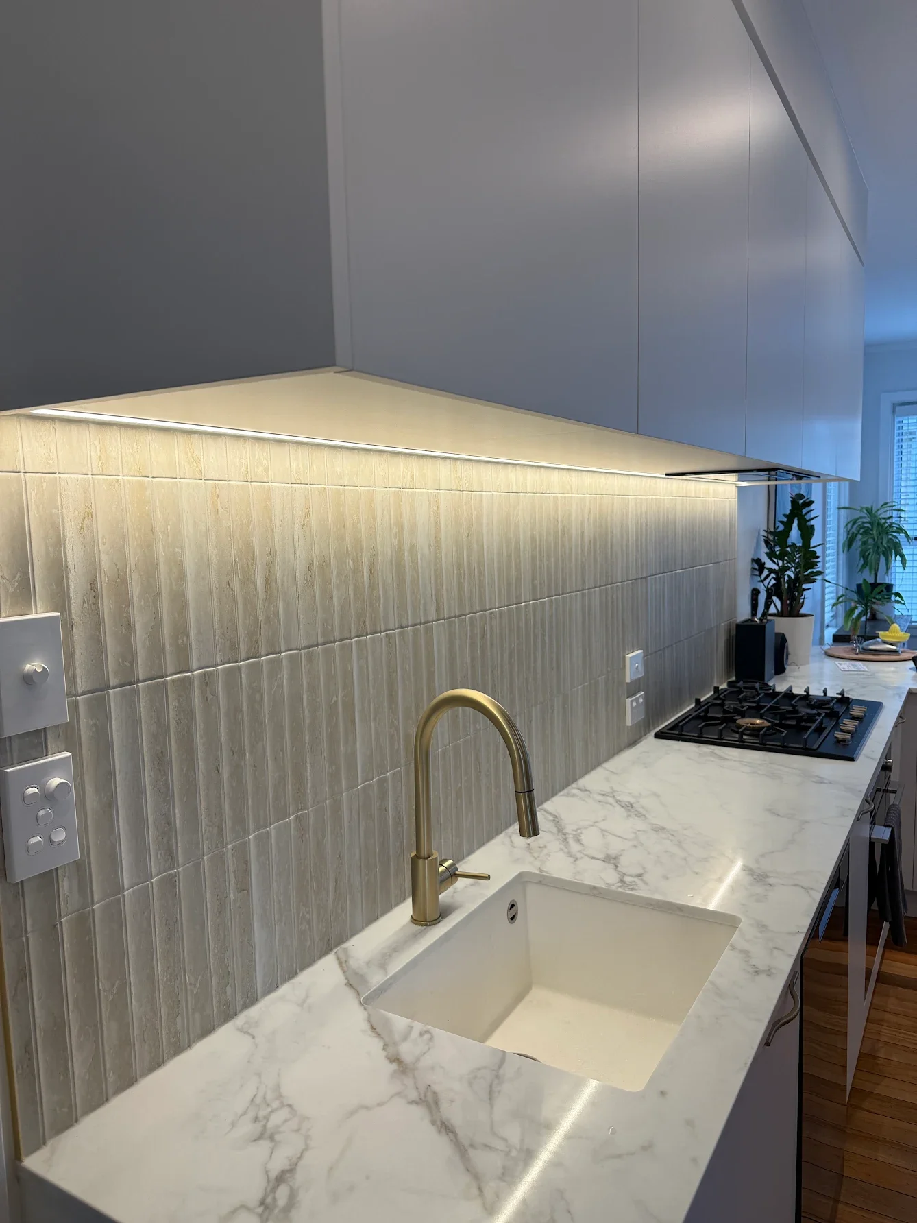 Kitchen, with LED strip under cabinets