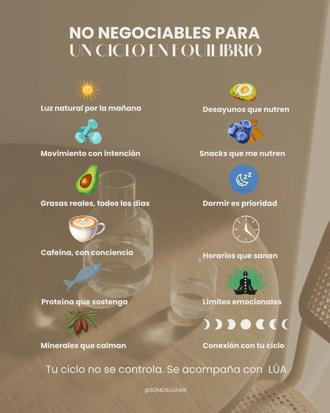 No negociables para un ciclo en equilibrio 🌙

No se trata de hacerlo perfecto todos los d&iacute;as.

Esto es solo una gu&iacute;a, un recordatorio de algunas cosas que puedes hacer por ti.
Entre m&aacute;s sumes, mejor te puedes sentir.

Pero si un