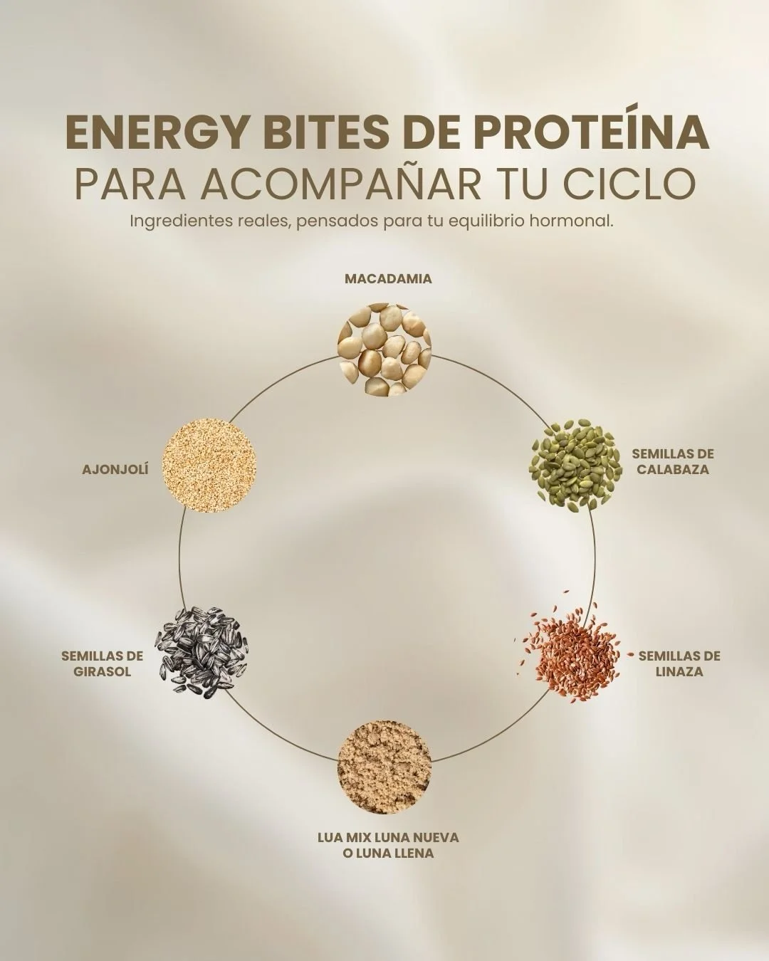 C&oacute;mo acompa&ntilde;an tu ciclo&nbsp;🌙
Estas energy bites est&aacute;n hechas con semillas reales, prote&iacute;na vegetal y grasas buenas que sostienen tu energ&iacute;a sin extremos.
No buscan controlar tu cuerpo, sino acompa&ntilde;arlo con