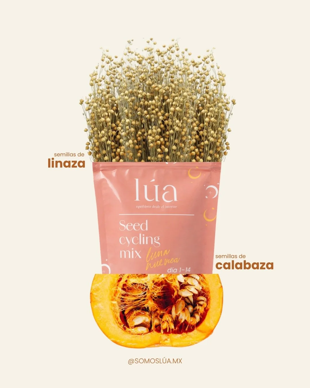 Lo m&aacute;s importante de cualquier producto: sus ingredientes.

Estas son las 4 semillas detr&aacute;s de cada mix L&Uacute;A:

Luna Nueva - 🌱 Linaza + 🎃 calabaza
apoyan el estr&oacute;geno y preparan la ovulaci&oacute;n

Luna Llena -🌻 Girasol 