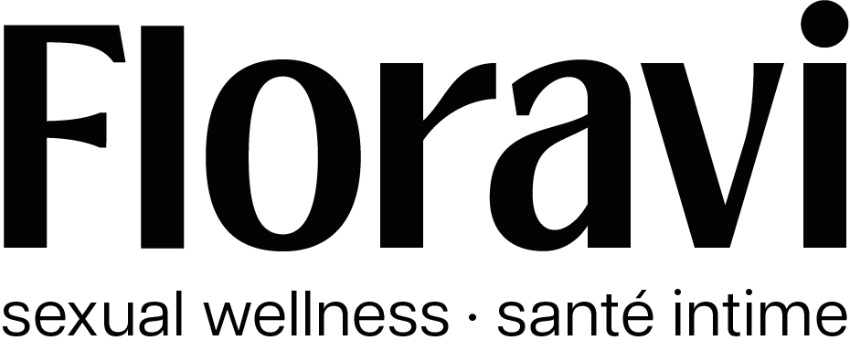The image features a black background with the word 'Floravi' in large, bold, black font, and the tagline 'sexual wellness · sante intime' underneath in smaller, lowercase text.