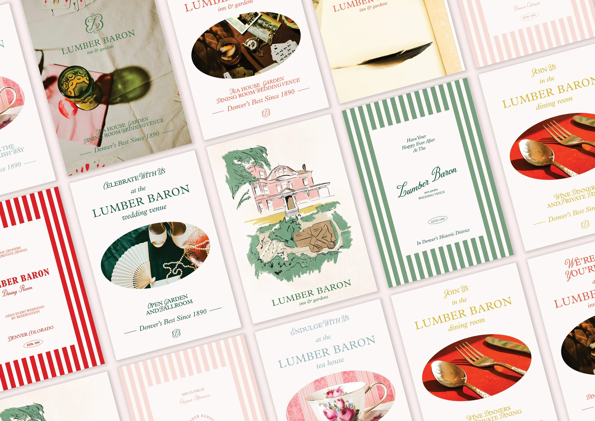 Collection of vintage-style event invitations and flyers for Lumber Baron, a wedding venue, tea house, and dining establishment in Denver, Colorado. The designs feature illustrations, photographs of tableware, and text promoting the venue and events.