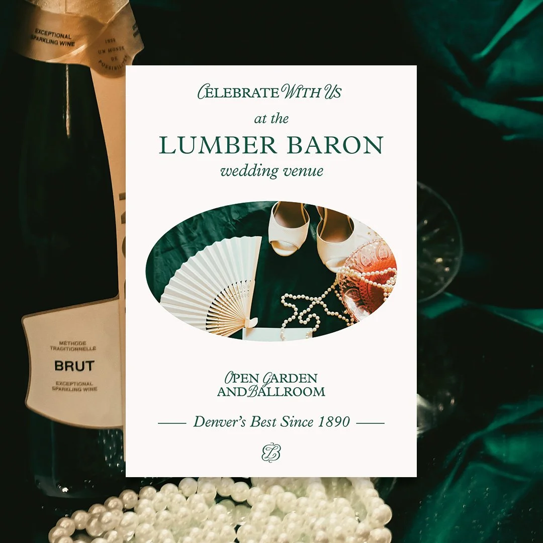 Invitation to a wedding celebration at the Lumber Baron, featuring a white background with elegant green text, an oval logo with shoes, a fan, pearls, and a glass of wine, set against dark green and black fabric.