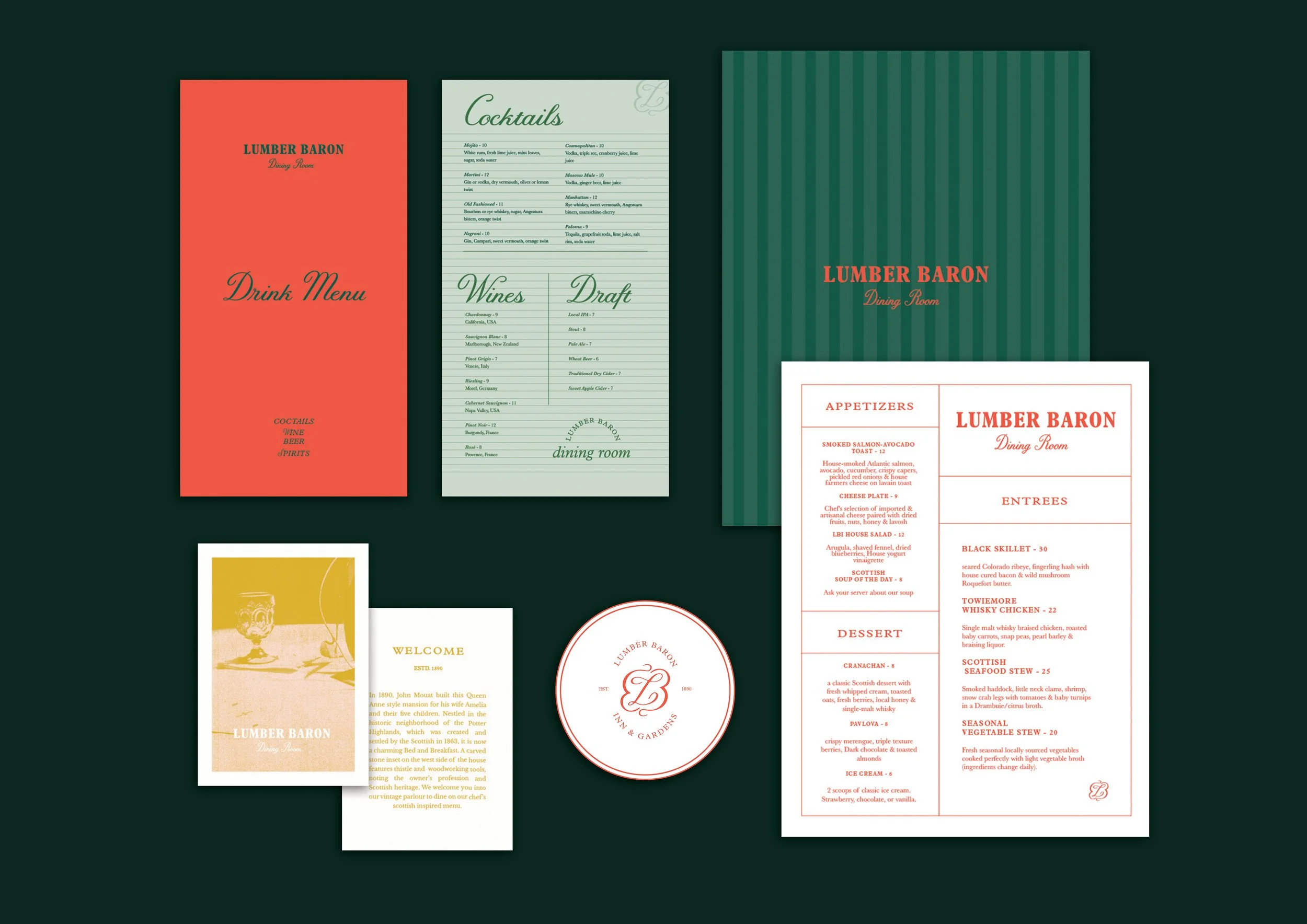 A collection of restaurant menus and branding materials for Lumber Baron Inn & Gardens, including a red drink menu, a green striped dining room menu, a green and red striped folder, a white menu with red text, and a small white and yellow welcome car