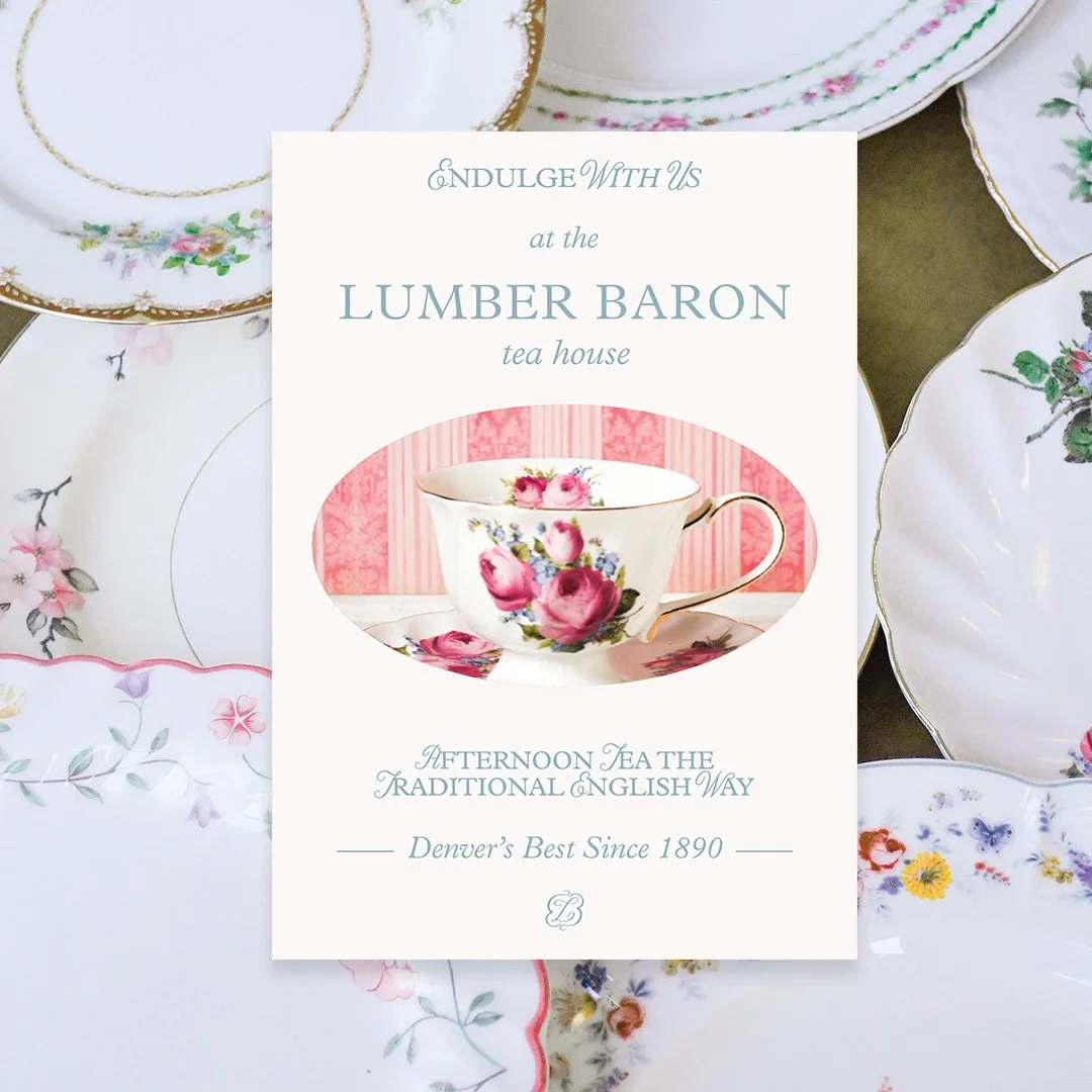 A tea house advertisement with a floral teacup illustration, surrounded by decorative tea plates with floral patterns.