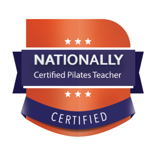 Badge indicating certification as a nationally certified Pilates teacher with a circular orange and navy design and white stars.