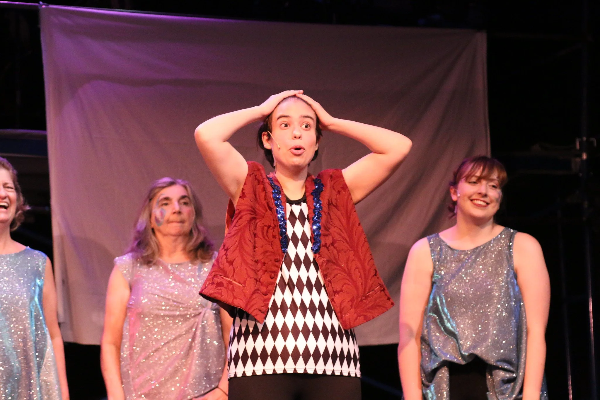 Sarah as Theo and the cast of Pippin at Arlington Friends of the Drama Theatre in Arlington, MA