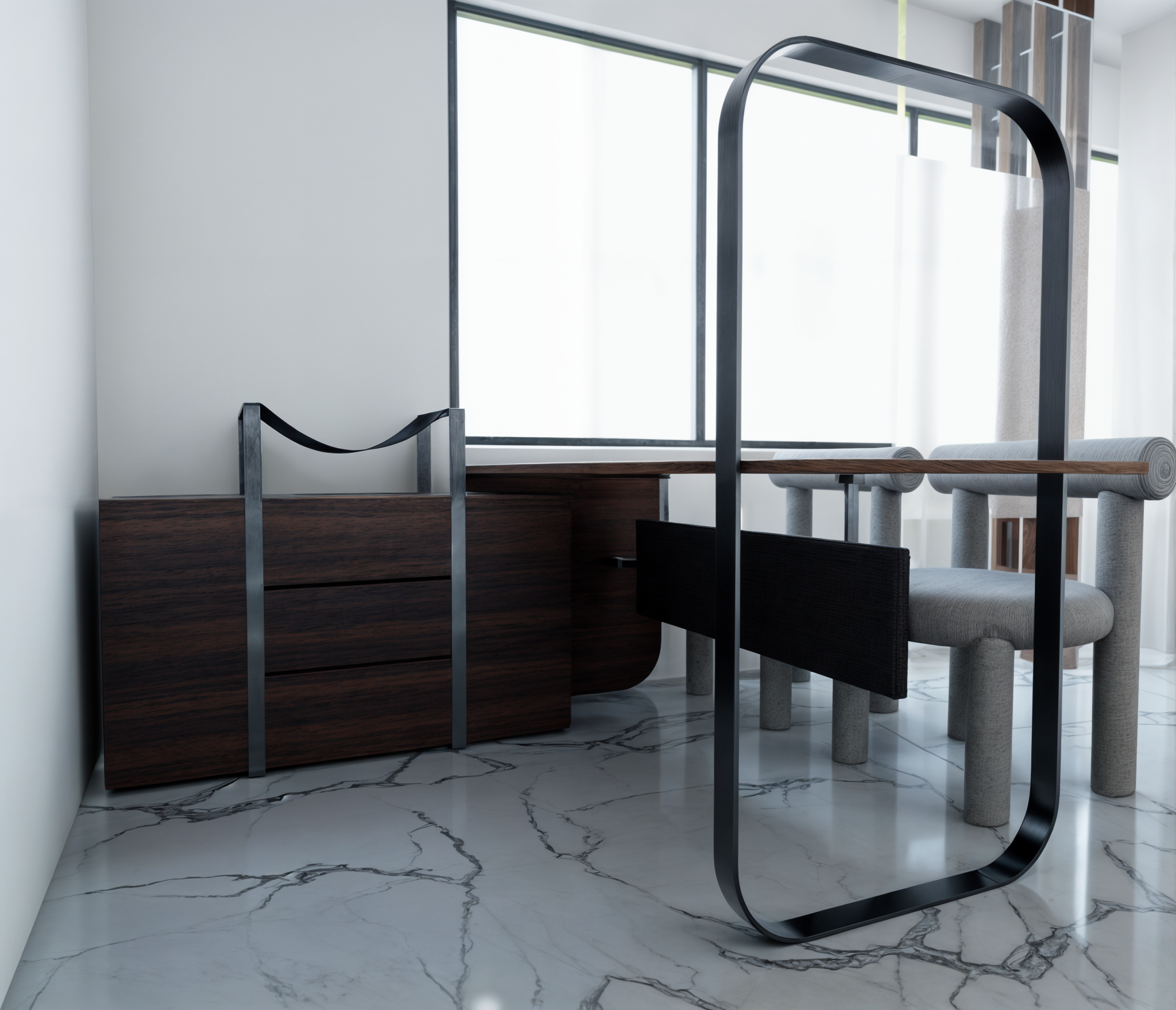 Escritorio en L con tonos personalizables de madera y metal.