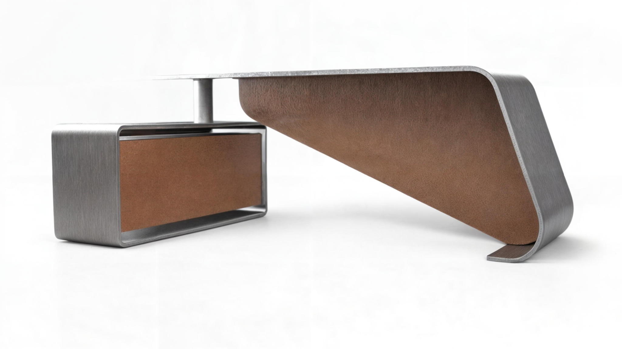 Escritorio en L con tonos personalizables de piel y metal.