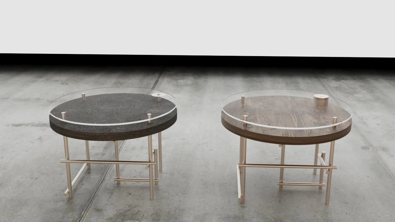 Mesa "Conexiones" en madera o piedra volcánica.